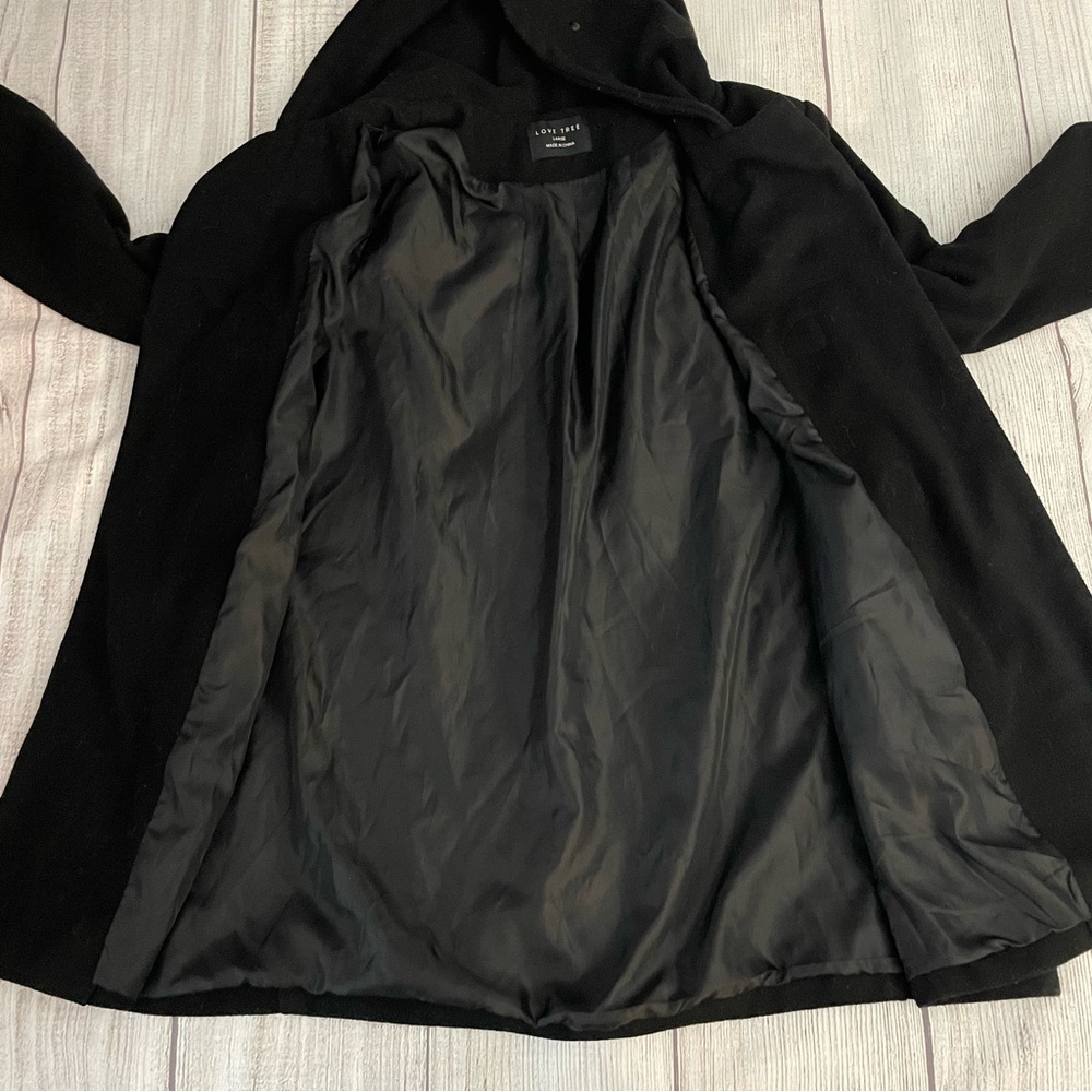 LOVE TREE Women’s Black Winter Wool Pea Coat With Hood & Toggles Size Large - Picture 7 of 9